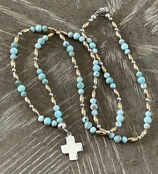 LARIMAR + 14kGOLD BEADS + STERLING SILVER BEADS & CHARM NECKLACE