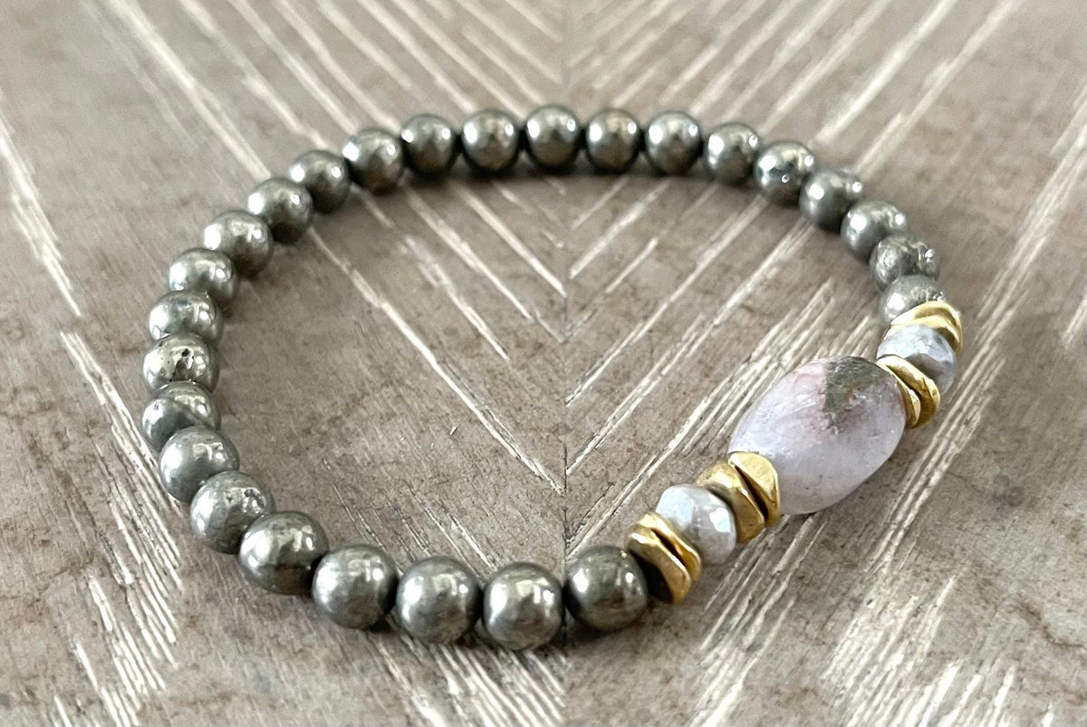 PYRITE + AMETHYST + BRASS BRACELET
