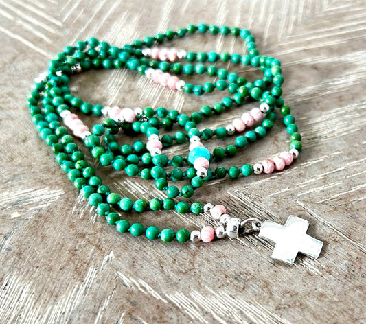 MALACHITE + RHODONITE & AMAZONITE  MALA BEADS