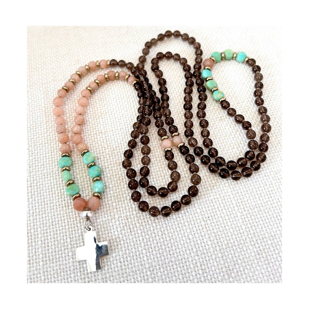 SMOKEY QUARTZ + SUNSTONE + TURQUOISE CROSS CHARM NECKLACE