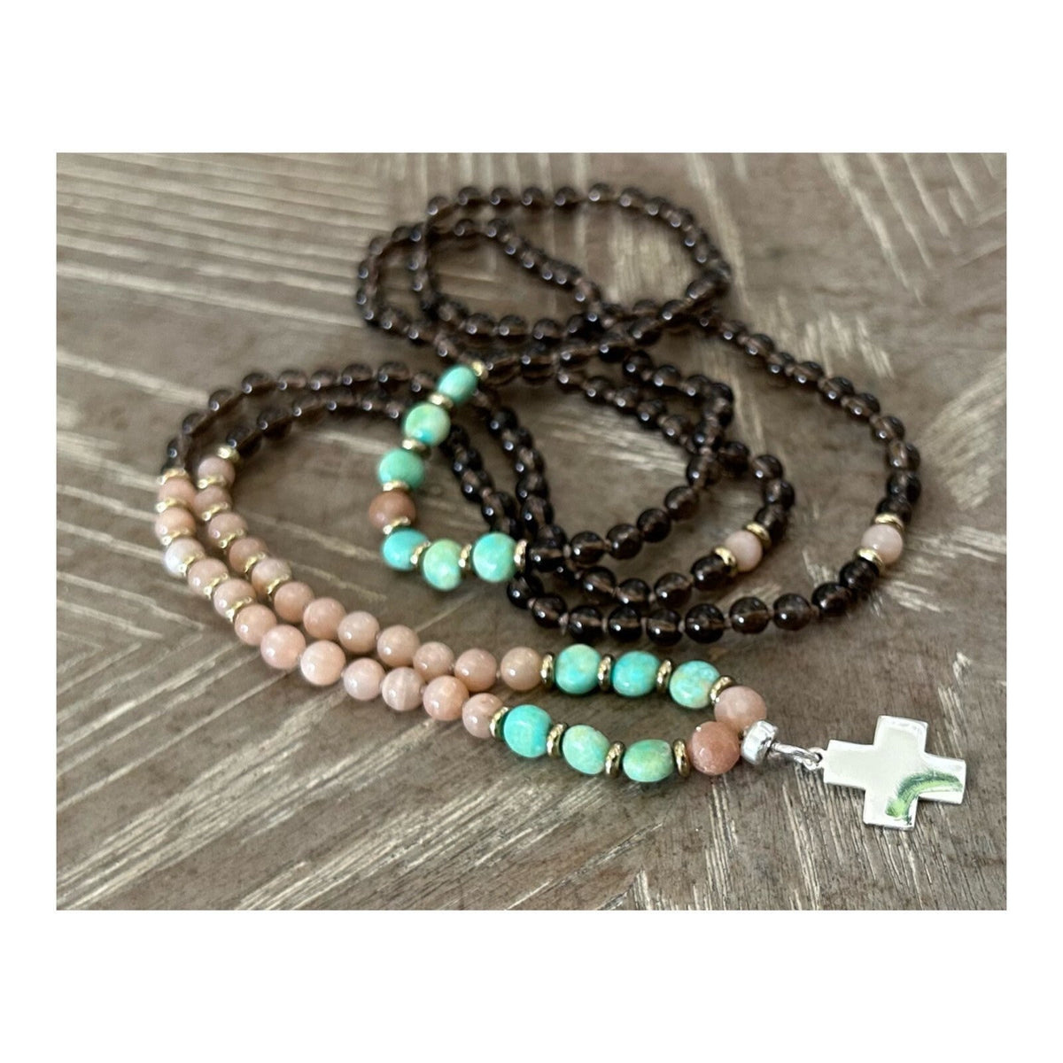 SMOKEY QUARTZ + SUNSTONE + TURQUOISE CROSS CHARM NECKLACE